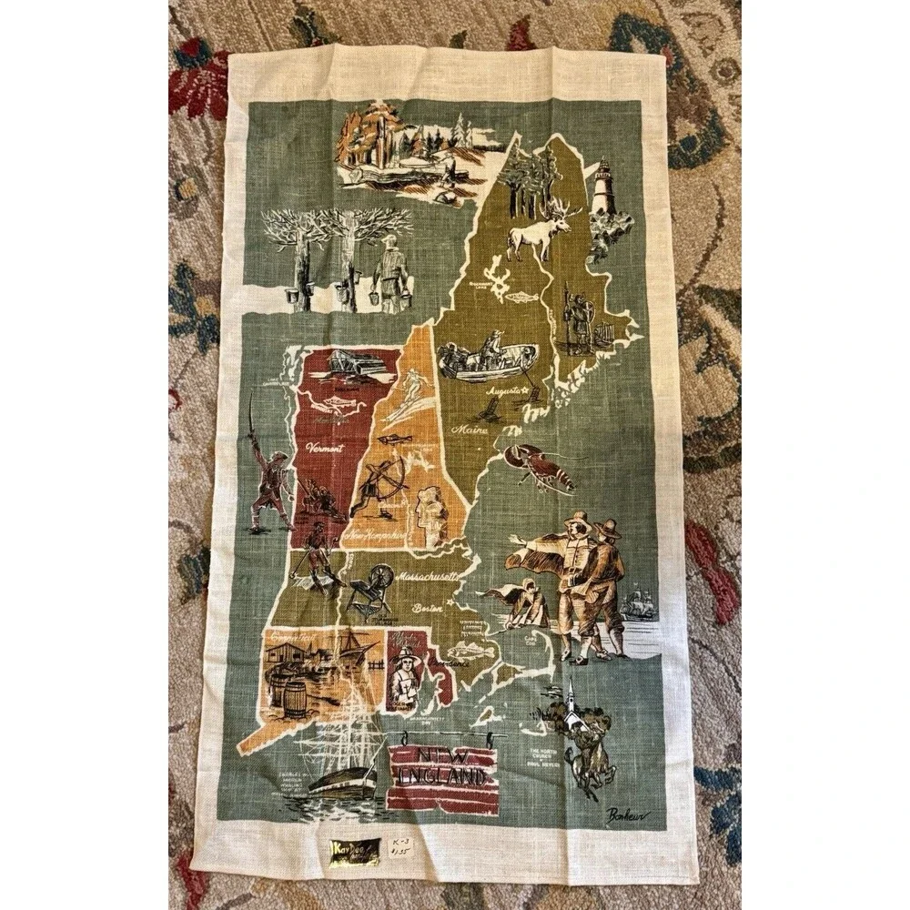 Vintage Linen Tea Towel Kay Dee 100% Linen New England Map States Rhode Island